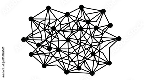 Flat black decentralized network nodes connected in a complex web, symbolizing interconnectedness, data sharing, and distributed systems.