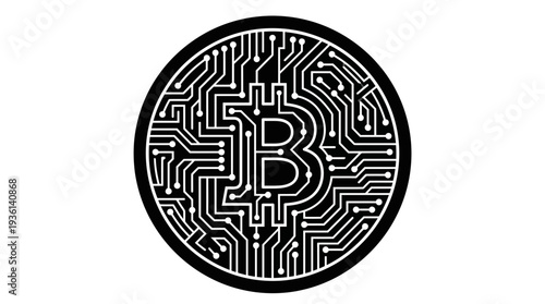 Flat black bitcoin cryptocurrency coin icon with circuit board pattern, representing digital currency and blockchain technology.