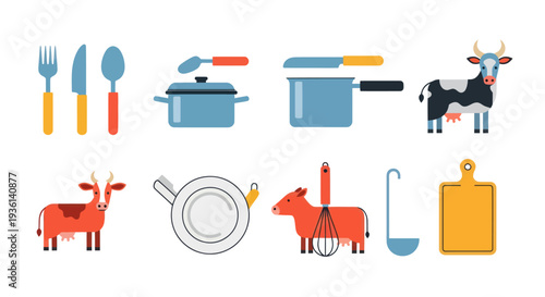 Cartoon kitchen utensils and cow illustrations