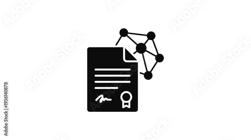 Flat black silhouette icon of a smart contract document with a blockchain network, symbolizing digital agreements and decentralized transactions.