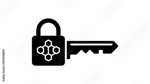 Flat black silhouette icon of a blockchain lock with a key, representing secure access and digital identity in cryptocurrency systems.