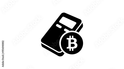 Flat black icon representing a crypto wallet, with a Bitcoin symbol, symbolizing secure storage and management of digital assets.