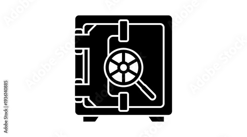 Flat black silhouette icon of a cold storage vault with a magnifying glass, symbolizing secure cryptocurrency and asset protection.
