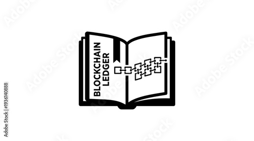 Open book icon with 'Blockchain Ledger' text and chain links, illustrating distributed ledger technology, cryptocurrency, and digital record-keeping.