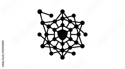 Abstract network of connected nodes forming a star shape with a shield in the center, symbolizing decentralized applications, dApps, and secure networks.