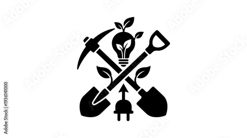 Crossed pickaxe and shovel with a lightbulb and sprouting leaves, symbolizing renewable energy, sustainable resource extraction, and environmental innovation.