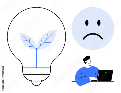 Sustainability concept. Sustainability ed by plant inside lightbulb. Emotional health by sad face. Person with laptop technology and connection. For eco-design, mental health, innovation, work