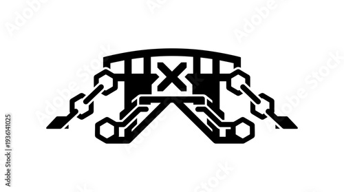 Flat black icon of a cross-chain bridge with chains and circuit board elements, representing secure connection and transfer between different blockchain networks and digital assets.