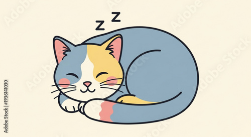 Cute sleeping calico cat curled up with closed eyes and zzz above head on beige background