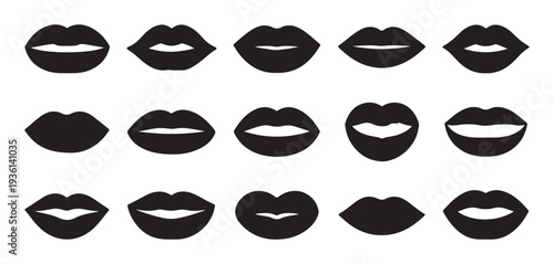 Collection of diverse black lips icons representing different shapes and expressions for beauty and fashion designs