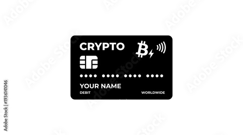 Black crypto payment card icon with Bitcoin logo and NFC symbol, representing digital currency transactions, contactless payments, and cryptocurrency debit card services.