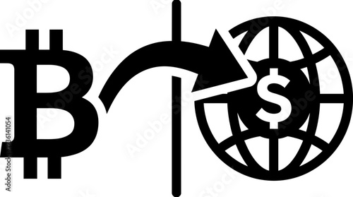 Bitcoin symbol transferring to a global dollar icon, representing cross-border cryptocurrency transactions and international digital finance.