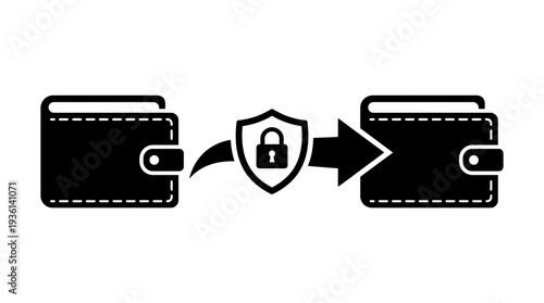 Secure wallet to wallet cryptocurrency transfer icon with a shield and lock symbol, representing safe digital asset exchange and financial security.