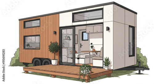 Modern tiny house with deck and open door revealing interior wooden siding and minimalist design perfect for eco friendly living