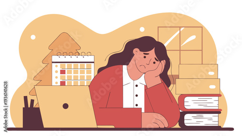 Woman in a red blazer sits at a desk leaning her head on her hand next to a laptop and various stacks of office paperwork and books.