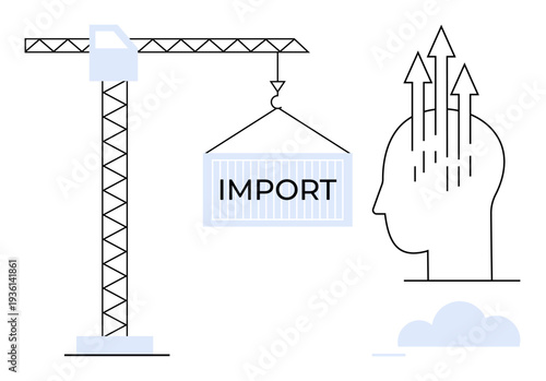 Import concept. Visualizing import dynamics with a crane lifting a container and human head silhouette ideas and growth. Import as a driver of globalization and innovation. For business, trade