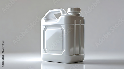 A white rectangular jug with a top handle and screw cap sits on a reflective white surface against a plain white background, with subtle gradients and reflections, 8k image