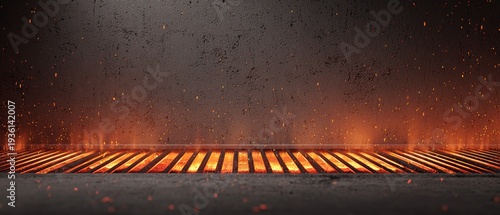 Hot barbecue grill grate with glowing coals and sparks, empty BBQ background