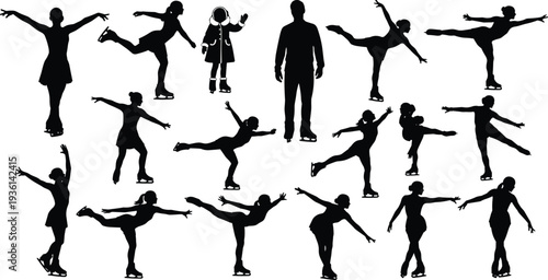 Ice skating silhouettes collection with figure skaters performing jumps spins and poses isolated on white background winter sport vector set