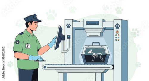 Animal Security Screening at Airport: Dog X-ray Scan, Officer Monitoring Pet Travel