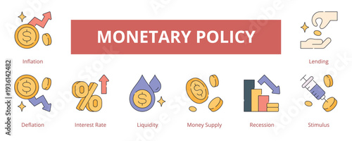 Monetary Policy Lineal Color Banner Web Icon Set Vector Illustration