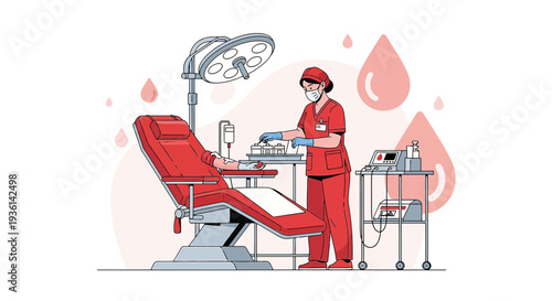 Blood Donation Process: Nurse Administering IV Drip to Patient in Red Chair