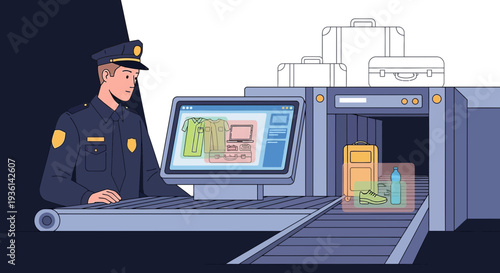 Airport Security Officer Inspecting Luggage on X-Ray Scanner at Checkpoint
