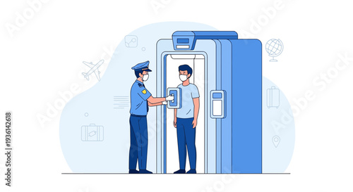 Airport Security Officer Scans Passenger with Advanced Scanner, Travel Safety Concept