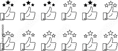 Thumbs Up Like Icon Set with Star Rating Symbols in Outline Style for Feedback, Customer Review, Social Media Approval, and Quality Evaluation