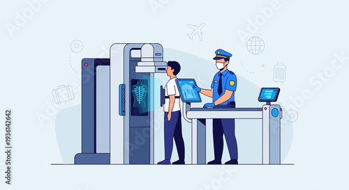 Airport Security Officer Scans Passenger with X-Ray Machine for Safety