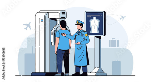 Airport Security Scanner: Passenger Undergoing Body Scan by Officer