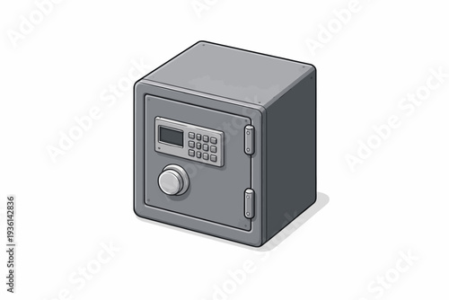 Electronic digital safe box illustration for secure storage. Modern security vault with keypad lock protecting cash, documents, and valuables at home or office