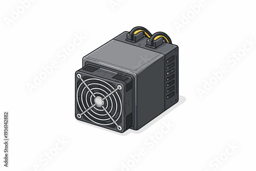 Advanced cryptocurrency mining hardware with integrated cooling fan for digital asset generation. Isometric vector illustration of a powerful processing unit for blockchain technology