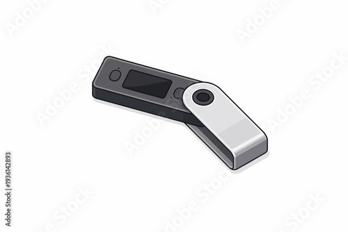 Digital asset security hardware for secure transactions and offline storage of virtual currencies, depicted as a modern, compact, and protective device