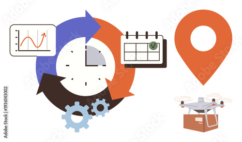 Logistics, delivery systems, time management, planning, tracking, and automation. Circular clock cycle, quadcopter delivering a package map location pin. Logistics and delivery systems concept