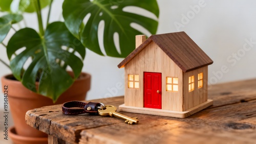 Miniature wooden house model with keys on a table representing real estate concept