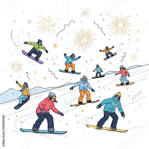 Snowboarders Riding Down Slopes with Fireworks.