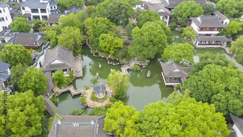 Suzhou Classical Chinese Garden Aerial View with Traditional Architecture
