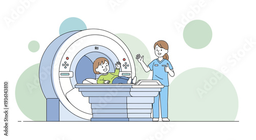 Child Patient Undergoing MRI Scan with Nurse Assisting in Medical Examination Room