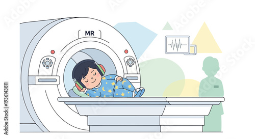 Child Sleeping in MRI Machine with Headphones, Medical Scan Concept