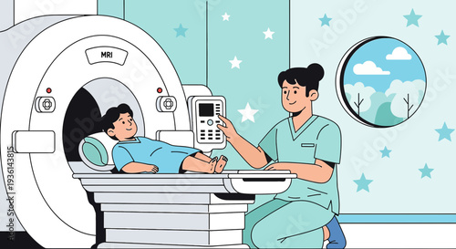 Child undergoes MRI scan with nurse assistance, medical technology, healthcare concept