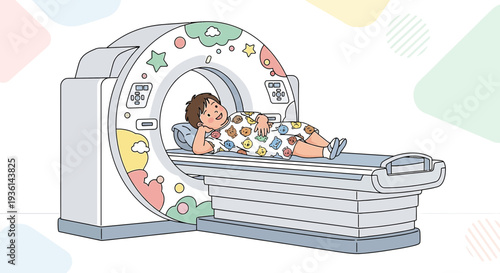 Child Undergoing CT Scan in Decorated Medical Machine for Pediatric Care