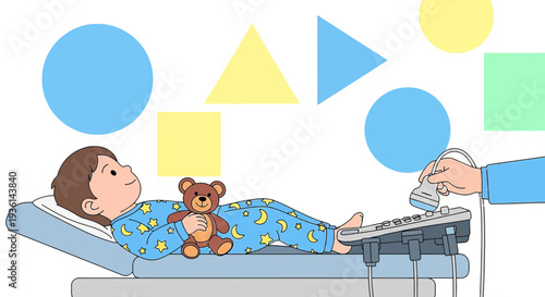 Child undergoing medical imaging with teddy bear, colorful shapes background