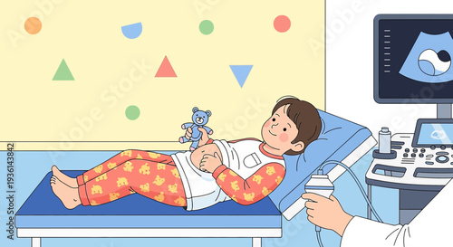 Child undergoing medical examination with ultrasound machine in a colorful clinic room