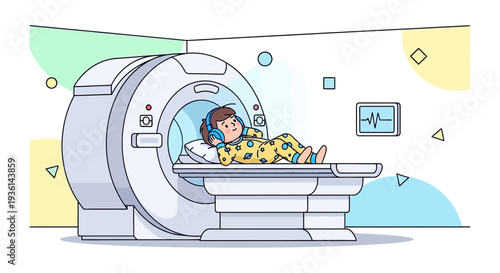 Child undergoing MRI scan in a modern medical facility, wearing headphones for comfort.