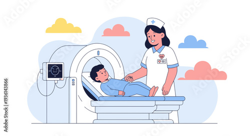 Child Undergoing Medical Scan with Nurse Assistance in Modern Clinic