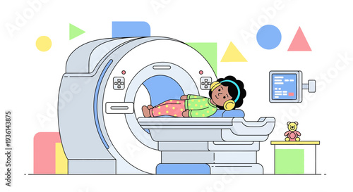 Child Undergoing MRI Scan in Bright, Colorful Medical Room with Teddy Bear