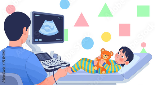 Child Undergoing Ultrasound Examination with Teddy Bear, Doctor and Medical Equipment
