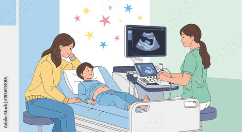 Child Undergoing Ultrasound Examination with Mother and Technician in Hospital Room