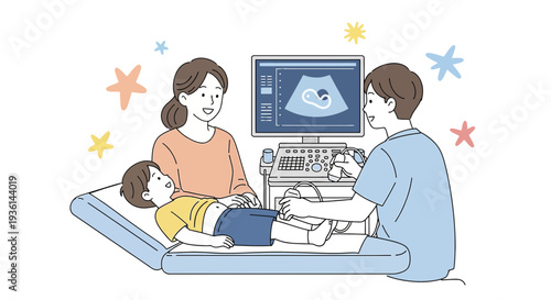 Child Undergoing Ultrasound Examination with Mother and Doctor in Clinic
